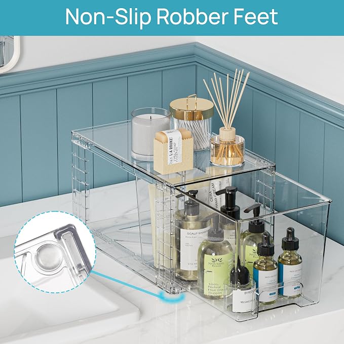 Vtopmart 6 Pack Clear Stackable Storage Drawers,Easy to Assemble Bathroom Organizers and Storage with handles,Plastic Drawers for Kitchen Pantry,Cabinet,Under Sink Organization