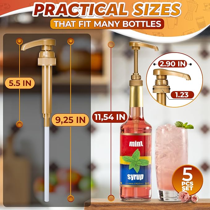 5 Pack Syrup Pumps, 9.25" Closed/11.54" Open, Fits 25.4 oz (Gold) | Pumps for Syrup Bottles; 0.3oz per Press; Lockable, Adjustable Long Tube; for Liquids, Pastes, and Sauces; for Coffee Bar
