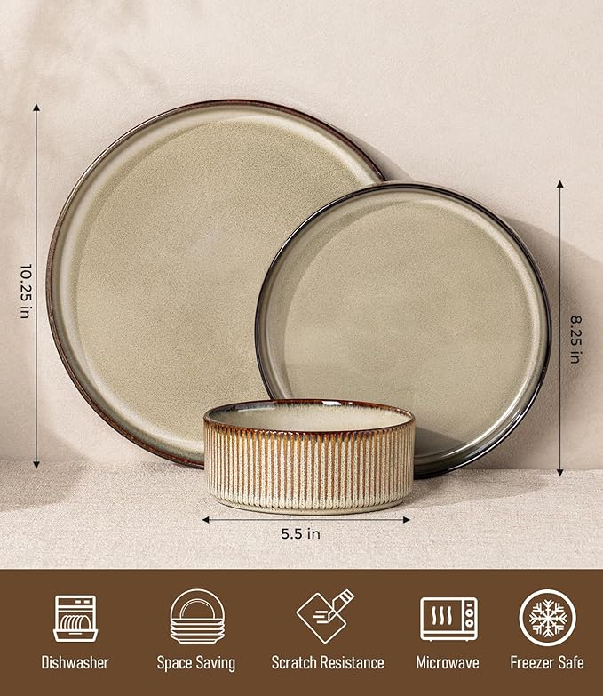 GBHOME Stoneware Dinnerware Sets for 4, 12 Pieces Plates and Bowls Set | Lightweight Ceramic Ribbed Dishes, Reactive Glaze Stackable Plate Set, Scratch Resistant, Microwave & Dishwasher Safe