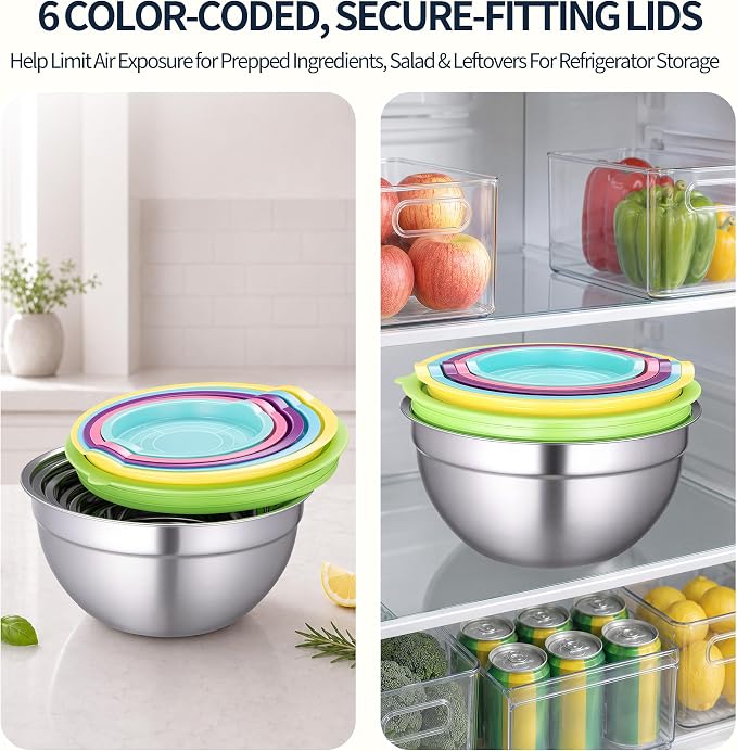 Stainless Steel Mixing Bowls with Lids Set, 3 Grater Inserts | 6 nesting stainless steel bowls, 0.7-4 QT, 6 lids, 3 grater inserts, measuring set, spatula and brush for prep and baking