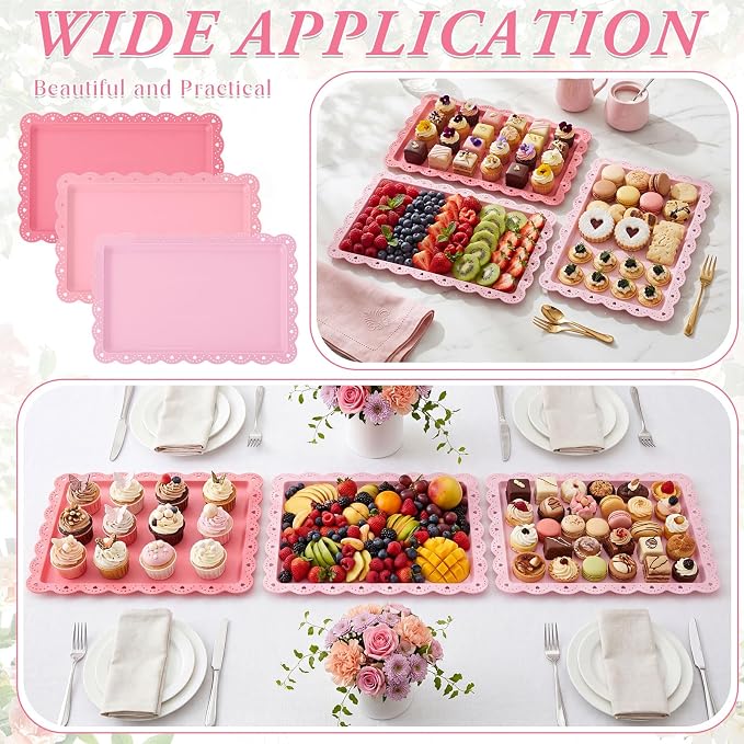 3 Pcs Pink Serving Trays Plastic Platters Dessert Cupcake Holder Party Supplies 14.4 x 9.3 Inches Rectangular Cookie Snack Display Tray for Wedding Restaurant