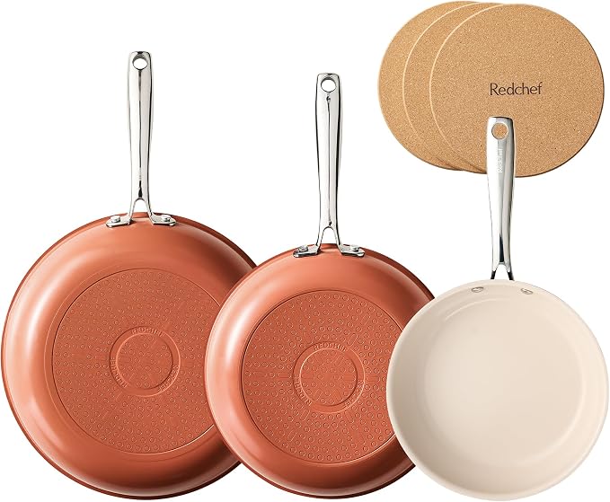 Redchef Nonstick Ceramic Frying Pan Set, Induction Compatible Skillets with Stay Cool Handles & 3 Cork Storage Pads,PFOA PFAS PTFE Free, All stovetop suitable, Oven Safe, Pumpkin Orange（8+9.5+11"）