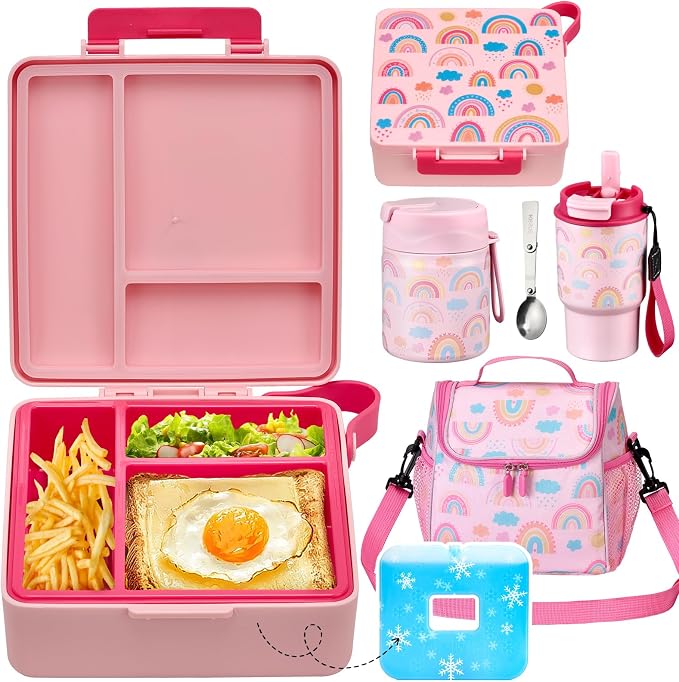 Pawtong Lunch Box Set with Bento Box Container, 17OZ Stainless Steel Food Soup Thermo, Kids Water Bottle & Portable Insulated Lunch Bag – Leakproof, Hot/Cold Retention for School, Travel(Pink-Rainbow)