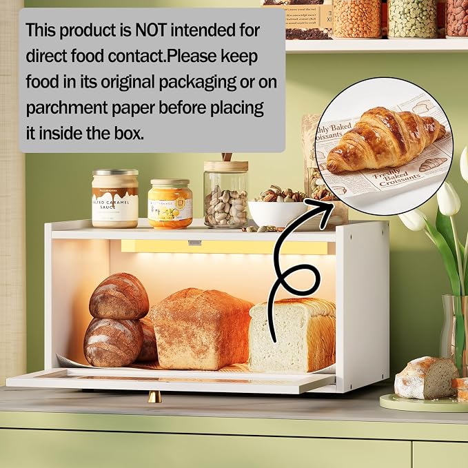 Trironsun Bamboo Bread Box with Led Light for Kitchen Counter Large Capacity Bread Storage Container Kitchen Countertop Organizer with Window Bread Holder (Whiite)