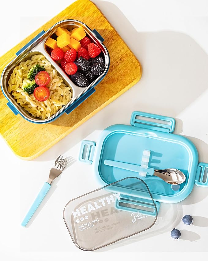 Lille Home 28oz Stainless Steel Leakproof 2-Compartment Bento Lunch Box | Portion Control Metal Lunch Box Food Container with Lunch Bag and Cutlery Set, BPA Free (Light Blue)