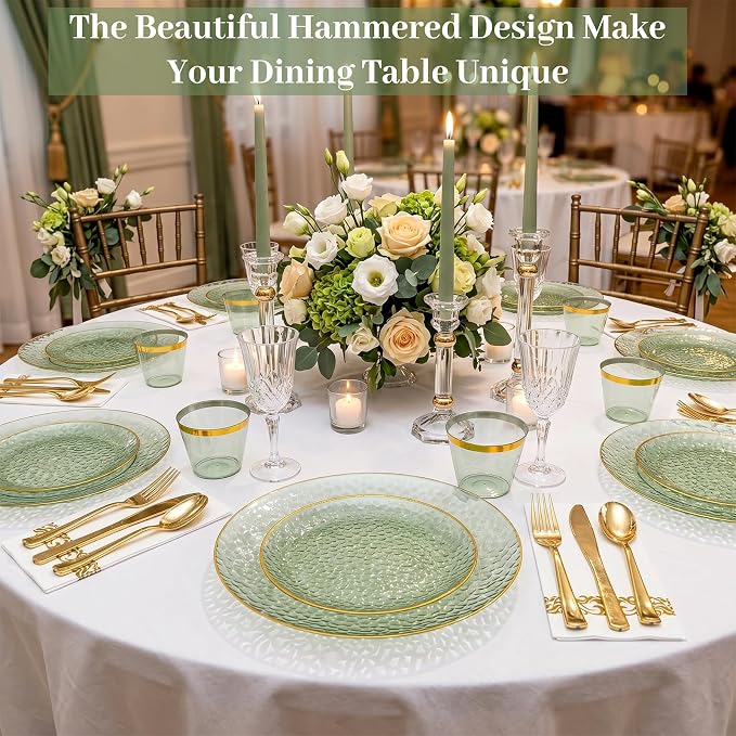 DaYammi 350PCS Sage Green Plastic Dinnerware Set, Plastic Plates Disposable Hammered Disposable Plates for Party, Include: 50 Dinner Plates 50 Dessert Plates 150 Gold Silverware 50 Napkins 50 Cups