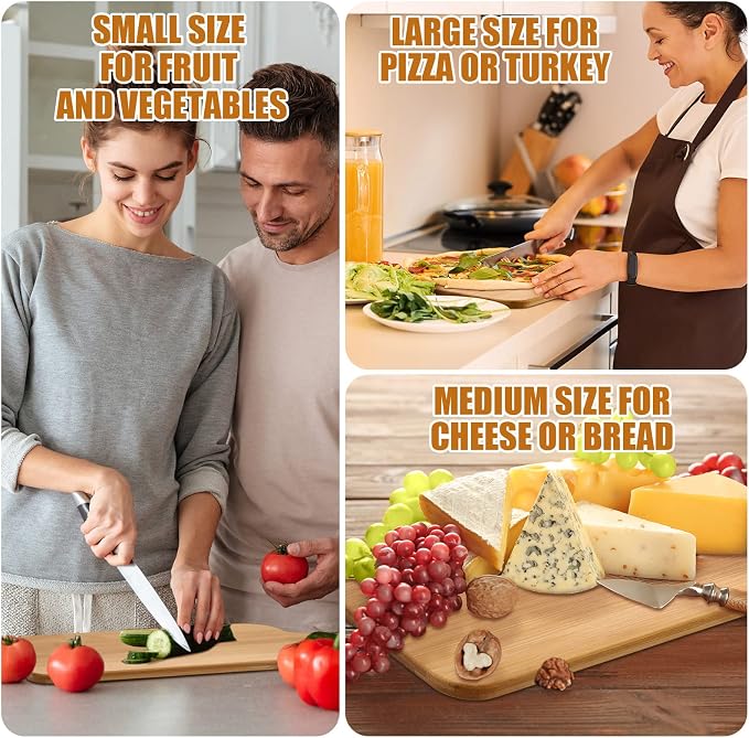 Patelai 12 Packs Wooden Cutting Board Set with Handles 15 x 7 Inch Large Kitchen Serving Plain Chopping Board Bulk Gifts for Mom for Vegetables Meat Pizza Cheese Fruit Bread(Bamboo)