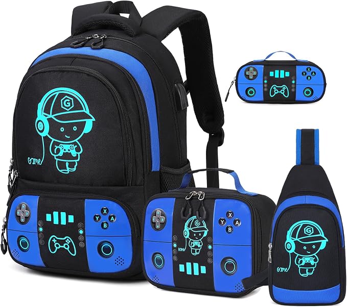 Backpack for School Boys, Cool Luminous Gamer Boys Schoolbag | with Lunch Box & Pencil Case Set for Kids Teens Elementary Middle School, Bookbag Glow In The Dark