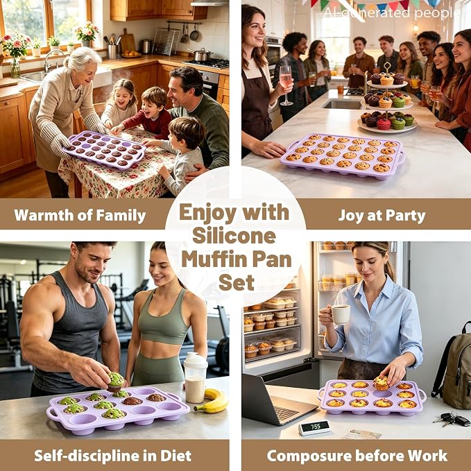 Silicone Muffin Pan Set: Non Stick 12 & 24 Silicone Muffin Pans for Baking | Easy Release - Complete Shaping Each Use Avoid Re-baking - BPA-free Cupcake Tin Reinforced Frame for Oven Home Bakers Vnray