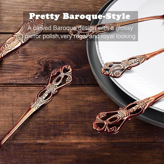 Runfly Gorgeous Retro Royal Rose Gold Stainless Steel 20-Piece Flatware Set | Silverware Set for 4, Anti-rust Cutlery Set Utensils Kitchen Including Fork Spoon and Knife