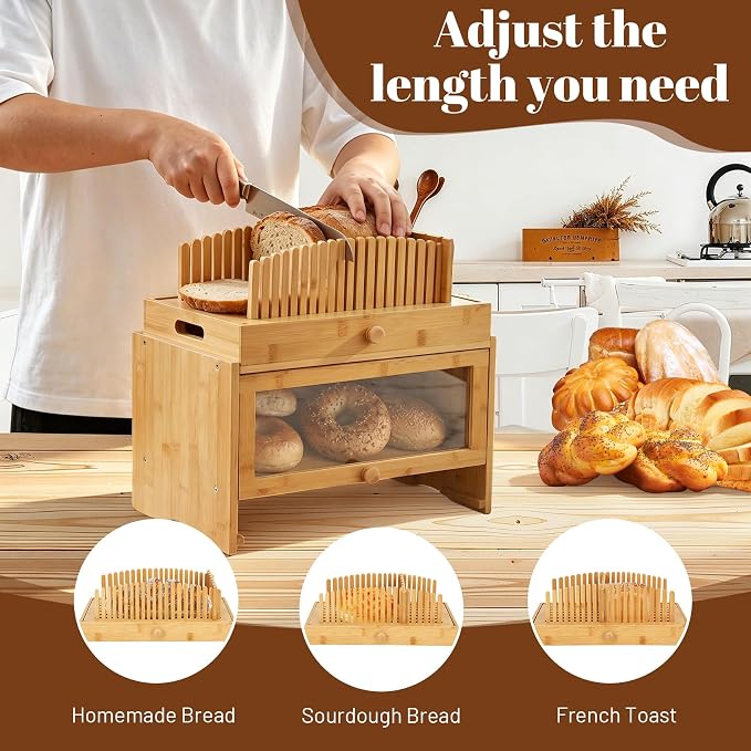 3in1 Bread Box for Kitchen Countertopm with Bread Slicer Bread Serving Tray | Bamboo Bread Storage for Homemade Bread, Bread Slicer for Homemade Bread for Slicer Storage and Bread Tray