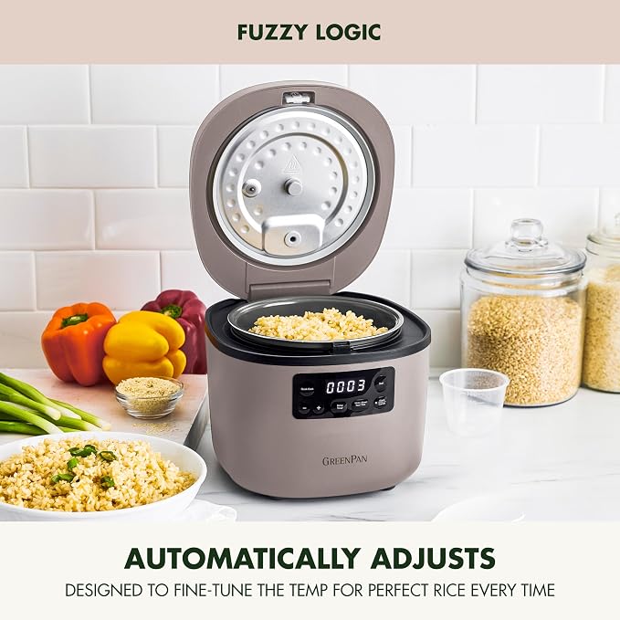 GreenPan Advanced Rice Cooker, 4-Cups Uncooked/8-Cups Cooked, Removable Nonstick Ceramic PFAS-Free Pot, White & Brown Rice, Family Sized, Quick Cook in 25mins, 6 Presets, Fuzzy Logic Tech, Clay