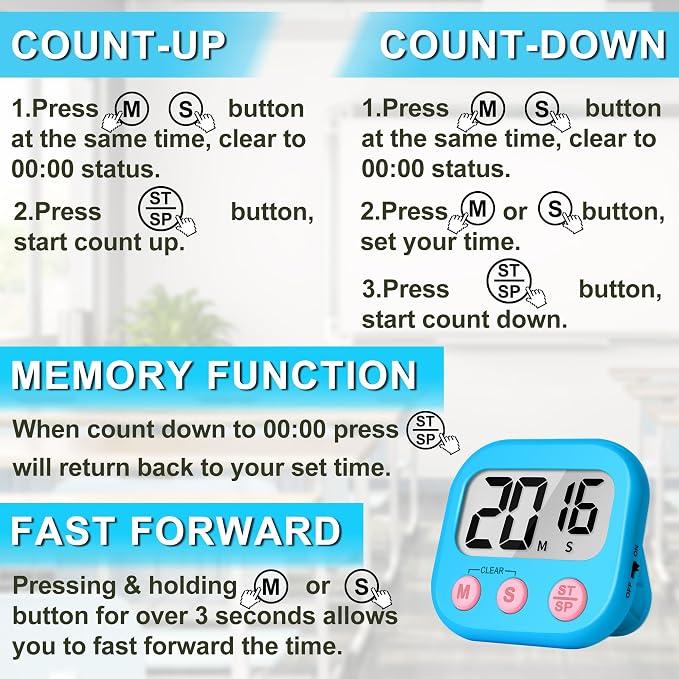ZILLEEN Digital Kitchen Timers for Cooking Kids Blue Green 6 Pack | Strong Magnetic, Large Screen, Big Button, Timers for Kids Classroom Cooking Egg Teacher Exercise Study