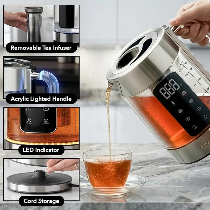 OVENTE 1.7L Glass Electric Kettle with Tea Infuser, Silver KGD913S | 1500W Fast Boiling, Easy Fill Lid, 4 Temperature Control, Double-Wall Cool-Touch Design, Color-Changing LED, Keep Warm