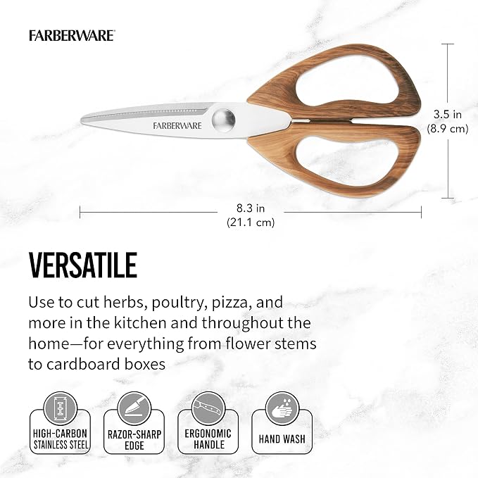 Farberware All-Purpose Kitchen Shears with Faux Wood-Grain Finish Handles, Stainless Steel Blades, Multipurpose Scissors for Meat, Herbs, and More