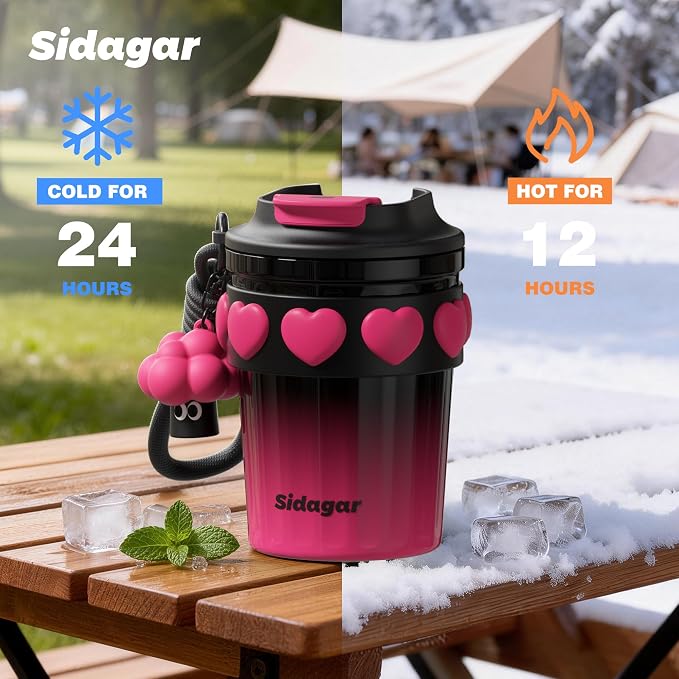 SDGA+ 12 OZ Travel Coffee Mug with Lid Spill Proof Leak Proof, Stainless Steel Thermal Coffee Tumbler for Hot and Cold, Resuable Insulated Coffee Cup For Women, Black and Pink
