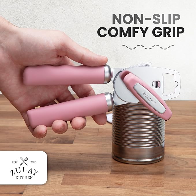 Zulay Kitchen Heavy Duty Stainless Steel Can Opener Manual with Bottle Opener - Rust Proof Manual Can Opener With Turn Knob & Comfy Soft Grip Handles - Pink