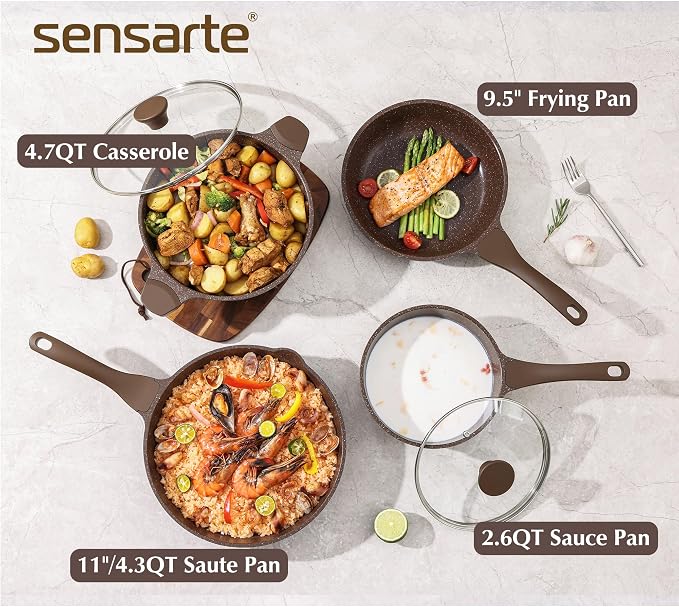 SENSARTE Nonstick Cookware Set 13 Pcs, Healthy Pots and Pans Set | Induction Cookware Set, Kitchen Cooking Set with Stay-Cool Handles, Silicone Utensils and Pot Protectors, PFOA Free, Brown