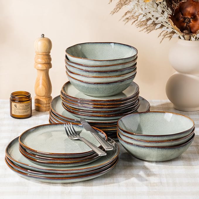 GBHOME Stoneware Dinnerware Sets for 8,24 Piece Rustic Plates and Bowls Set | Earthenware Handmade Reactive Glaze Plate Sets, Chip Resistant Ceramic Dishes, Microwave & Dishwasher Safe, Earthy Sage