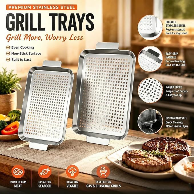 2PCS Grill pan: Stainless steel Grill topper for outdoor grill - easy clean grill topper suitable for camping, picnic, party