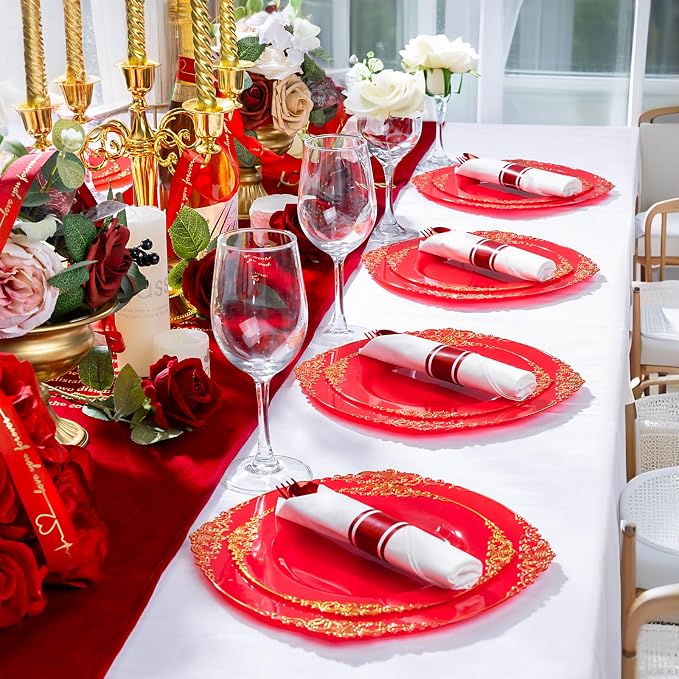 400PCS Pre Rolled Red Plastic Silverware Sets Heavy Duty for Wedding | Individually Wrapped Utensils, 100 Guests, Durable and Sturdy, BPA free, Includes Matching Napkins, for Festive Events