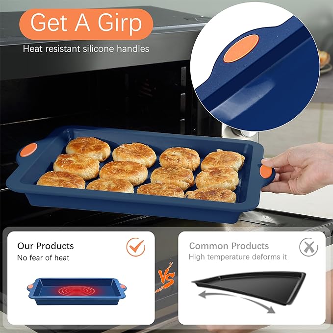 Silicone Baking Pans Set, 4 Pieces Nonstick Bakeware Set with Baking Pans, Baking Sheets, Cookie Sheets, Cake Pan with Grips and Metal Reinforced Frame More Strength, Navy Blue
