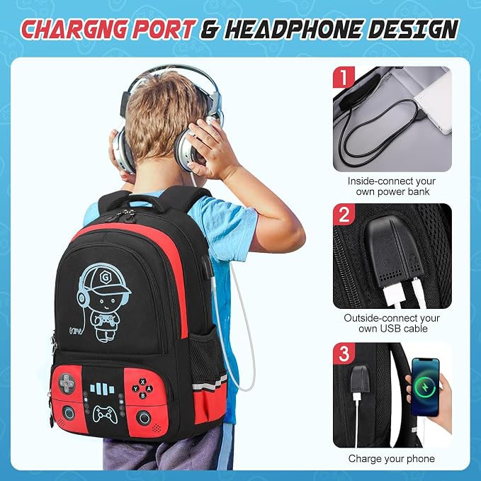 Backpack for School Boys, Cool Luminous Gamer Boys Schoolbag | with Lunch Box & Pencil Case Set for Kids Teens Elementary Middle School, Bookbag Glow In The Dark
