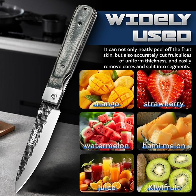 Huusk Japanese Folding Fruit Knife - Pocket Paring Knife | Portable Kitchen Knives, Hand Forged Blade, Wooden Handle, Gift Box, For BBQ, for Camping and Travel