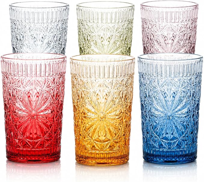 Colored Vintage Drinking Glasses Set of 6, 13 oz Gradient Embossed Highball Glasses, Textured Glass Cups Tumblers for Water, Iced Coffee, Juice & Cocktails, Dishwasher Safe(Dahlia style)