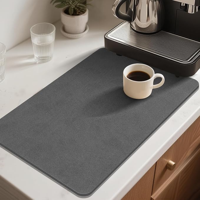 Findosom Dish Drying Mat, 12"x 20" Super Absorbent & Hide Stain Coffee Mat, Cuttable Drying Mat for Kitchen Counter, Coffee Bar Accessories, Under Dish Rack, Coffee Maker, Espresso Machine, DarkGrey-2