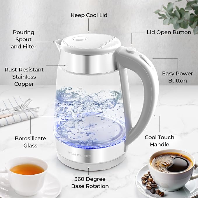 Zulay Kitchen Fast Boiling Electric Water Kettle - 1.7L, 1500W, Auto Shut-Off for Overboil & Boil Dry Protection, Cool-Touch Handle, 360° Base - Rapid Teapot Boiler For Coffee & Tea - White