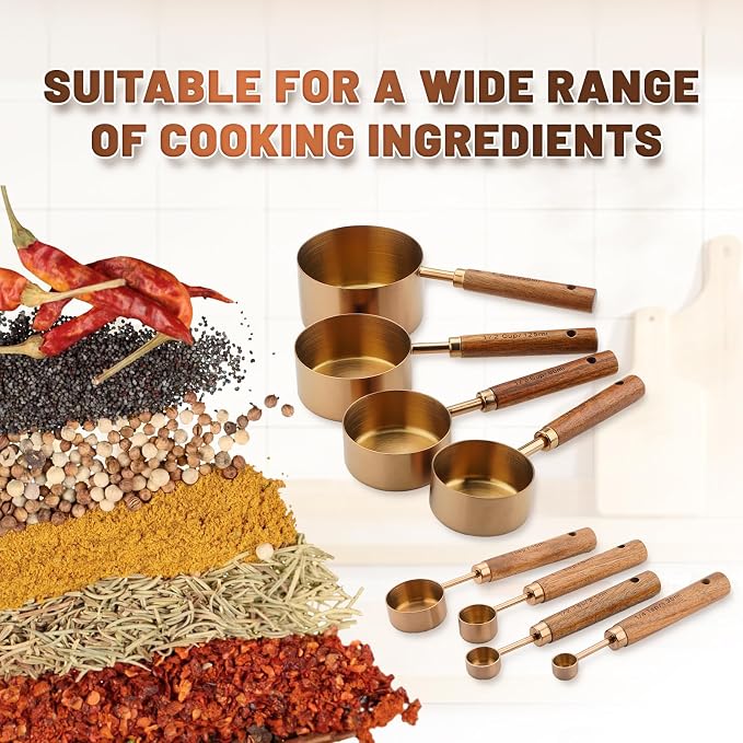 Premium Measuring Cups and Spoons Set with Wood Handle 8PCS | Stainless Steel Liquid and Dry Measuring Cup Set for Baking, Cooking, Coffee with Ergonomic Grip & Engraved Markings (Bronze)
