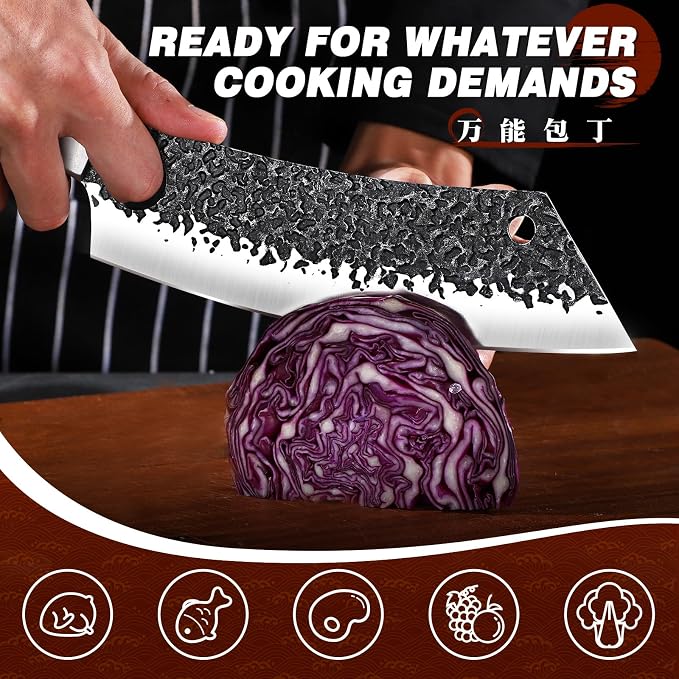 Huusk Butcher Knives for Meat, Hand Forged Carbon Steel Viking Kitchen Knife Set with Roll Bag, Meat Cleaver Chef Knife Sets for Cooking Camping BBQ, Gift for Men Husband | Japanese Craftsmanship, Viking Style, for Home Kitchen Outdoor BBQ Camping, wit...