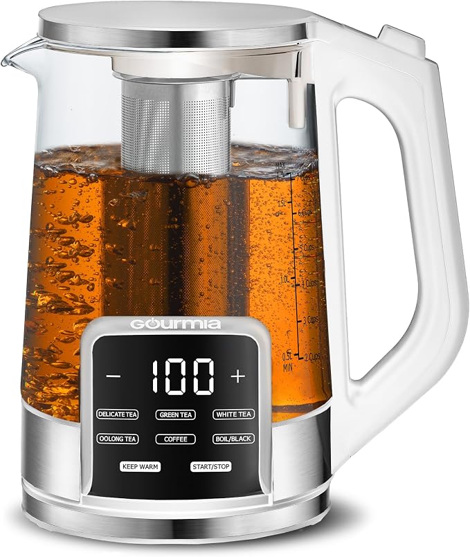 Gourmia Electric Glass Kettle – 1.7L Programmable Tea & Coffee Brewer with Digital Touch Display, 6 Presets, Removable Stainless Steel Infuser, Cordless with 360° Swivel Base, White