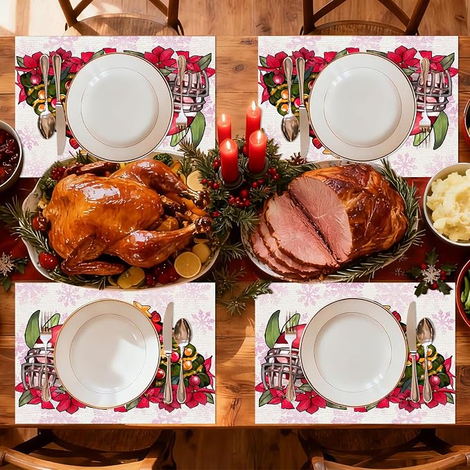50Pcs Winter Disposable Paper Placemats,Holiday Table Decor | Football Helmet Snowflake Poinsettia Design for Xmas Party