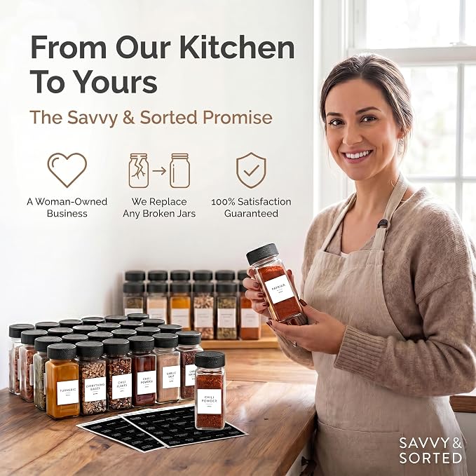 SAVVY & SORTED Glass Spice Jars with Label 24 PK - 4 Oz Spice Containers with 374 Minimalist Preprinted Labels Stickers, Pepper Grinder Funnel Shaker Lids, Empty Seasoning Containers Bottles