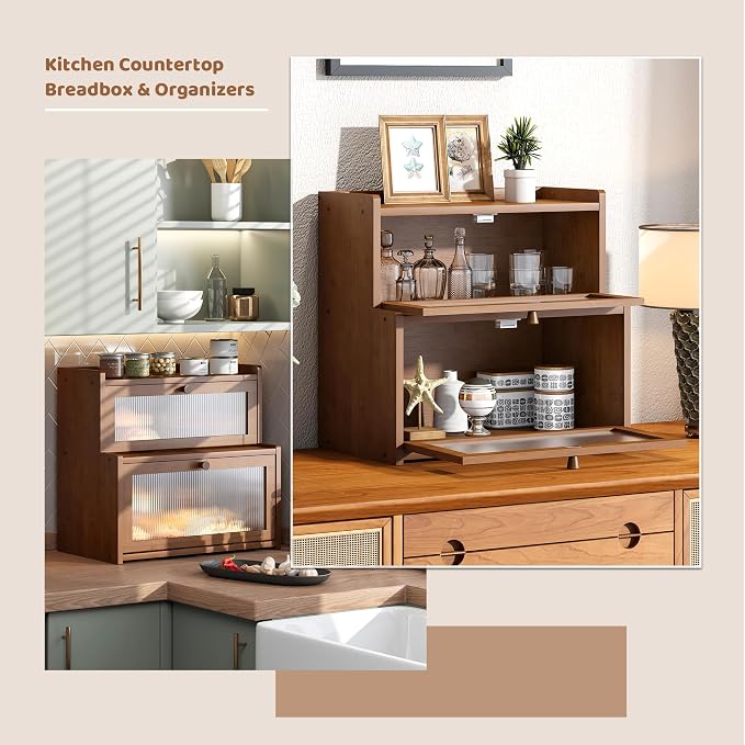 Bread Box for Kitchen Countertop Double Layer Large Corner Bread Box Capacity Bread Storage Bin Farmhouse Breadbox Container Organizer Cabinet Cupboard (Brown)