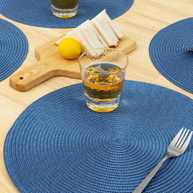 Winknowl Round Braided Placemats Set of 8 Washable Woven Heat Resistant Table Mats for Kitchen Dining Tables 15 inch Round Place Mats (Blue,8pcs)