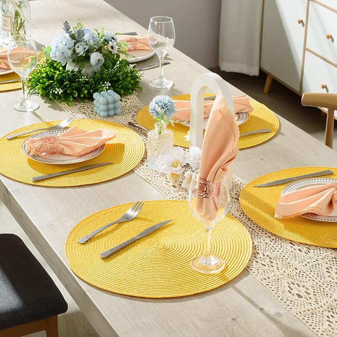 AHHFSMEI Round Placemats Set of 8 Heat Resistant Washable Non-Slip Woven Braided Table Mats for Dining Table Kitchen & Home Decor (Yellow,8)