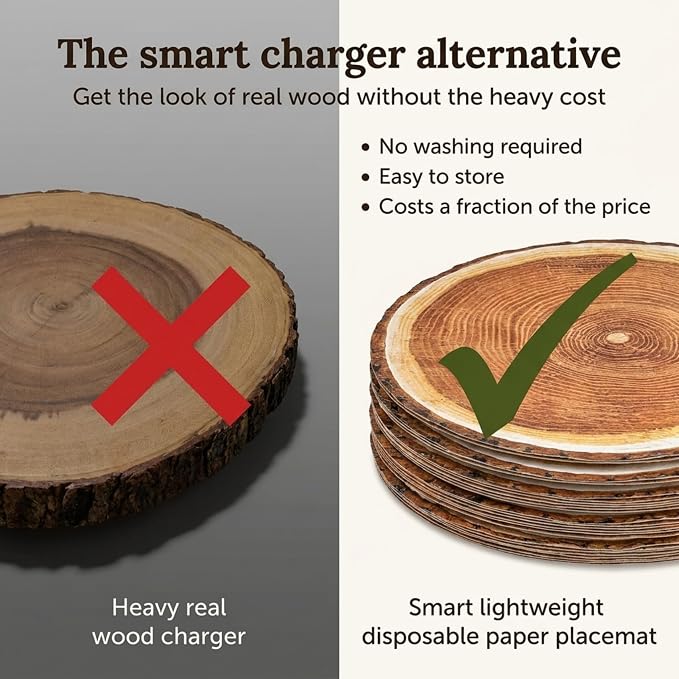 100 Rustic Wood Slice Paper Placemats 13.5 Inch Round Disposable Mats | Farmhouse Table Decor for BBQs, Camping, Weddings, Woodland Parties, Buffets, Picnics and Rustic Events