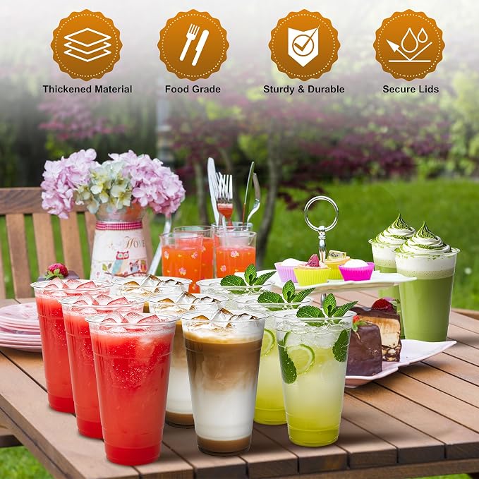 Charmount 24 oz Clear Plastic Cups with Lids and Straws | 100 Sets Disposable To Go Cups for Cold Drinks, Iced Coffee, Coffee Bar Accessories, Smoothies