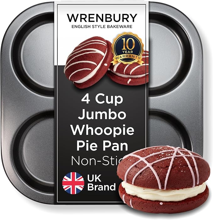 Wrenbury Jumbo Whoopie Pie Pan 4 Cup - Large Muffin Top Pan Heavy Gauge Shallow Carbon Steel Baking Tray for Burger Buns Yorkshire Pudding Cornbread - PFOA Free Nonstick