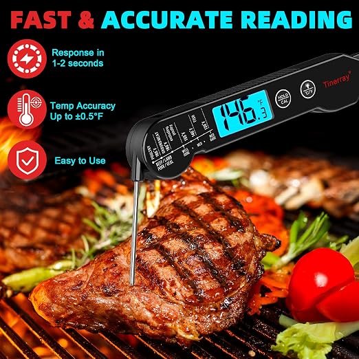 Professional Digital Meat Thermometer Instant Read Waterproof – Folding Probe Food Thermometer with Backlight & Calibration, Fast Read for BBQ, Grill, Deep Fry, Liquids, Gift for Chef (Black)