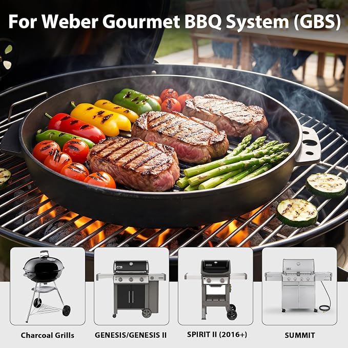 Utheer 15 x 12 Inch Cast Iron Griddle for Weber Gourmet BBQ System | Porcelain-enameled reversible grill griddle works with Weber Kettle, Genesis and Spirit grills for charcoal and gas cooking