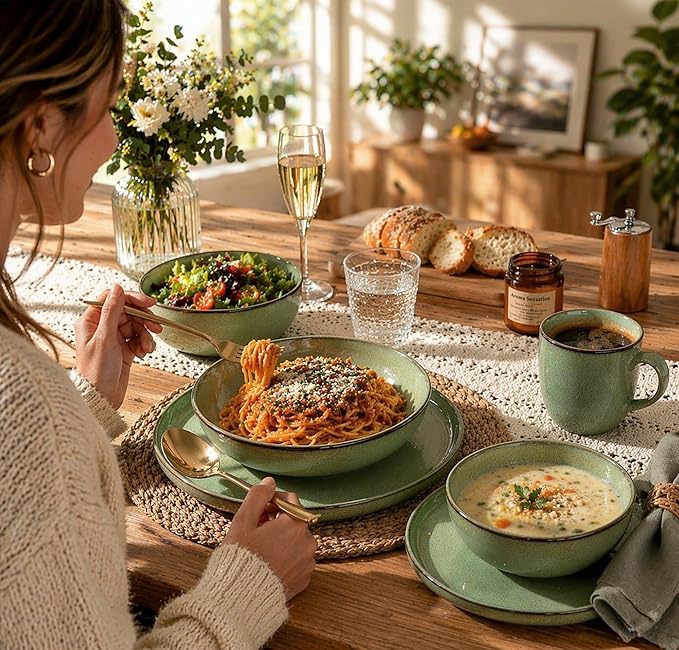 GBHOME Dinnerware Sets for 6, 24 Pieces Ceramic Plates and Bowls Set | Scratch Resistant Stoneware Dishes Set, Dishwasher & Microwave Safe, Reactive Glaze-Pastel Green