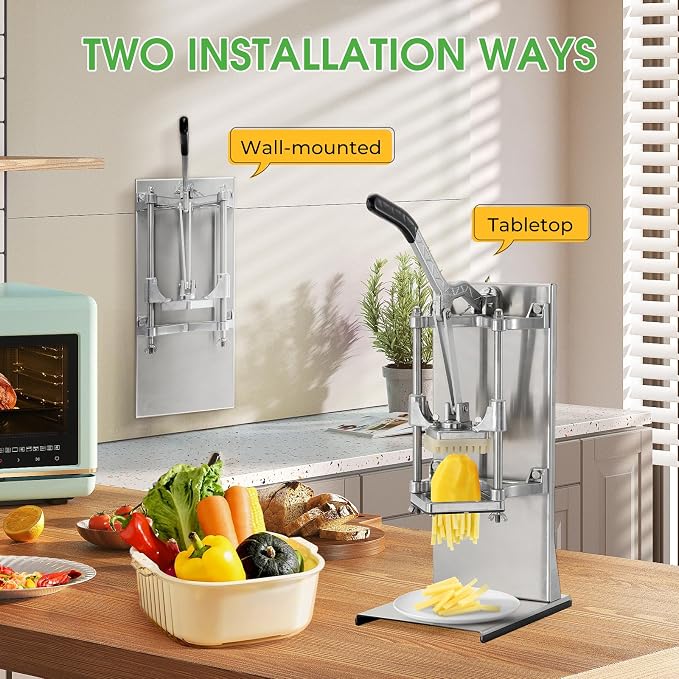 4-in-1 Commercial French Fry Cutter, 4-Blade Vegetable Chopper | 1/2", 3/8", 1/4" & 8-wedge blades, stainless steel, extended handle, stable base, wall or tabletop mount, easy-clean parts