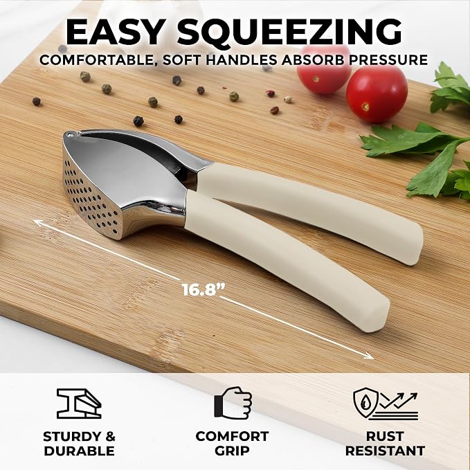 Zulay Kitchen Metal Comfort Grip Garlic Press | Garlic Mincer Tool - Garlic Crusher - Rust Proof Garlic Press, Ergonomic Handle, Easy Clean with Peeler and Brush - White