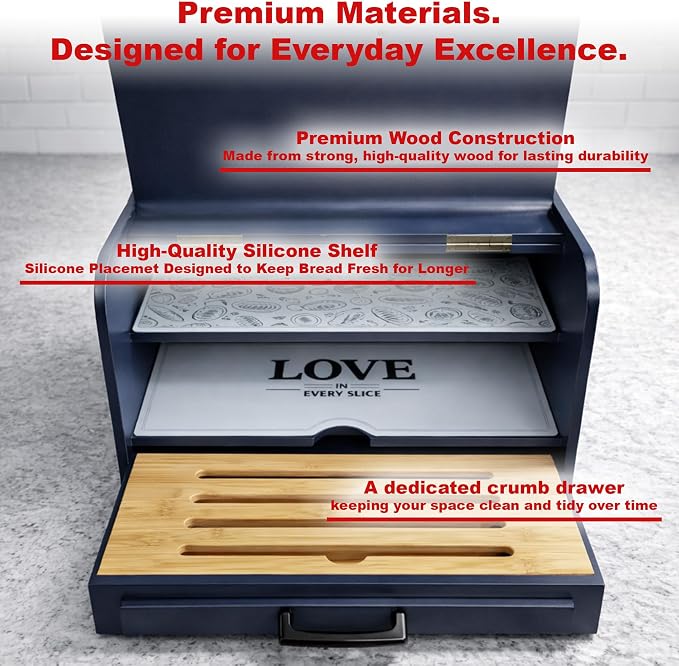 KNIFEPLANET Premium FULLY ASSEMBLED Modern Blue Bread Box – Extra Large Real Wood Bread Box for Kitchen Countertop Storage, Thick Durable Construction, Double Layer Design (17.5" x 10" x 12")