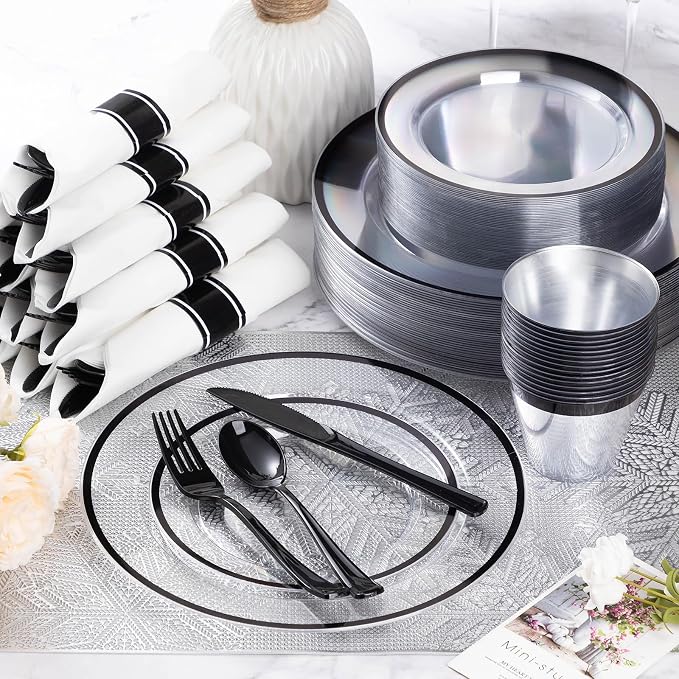 700 Pcs Clear Plastic Plates with Black Rim, Plastic Dinnerware | Disposable Plates for 100, Includes 200 Plates, 100 Pre Rolled Napkins with Cutlery Sets, 100 Cups, for Graduation Party