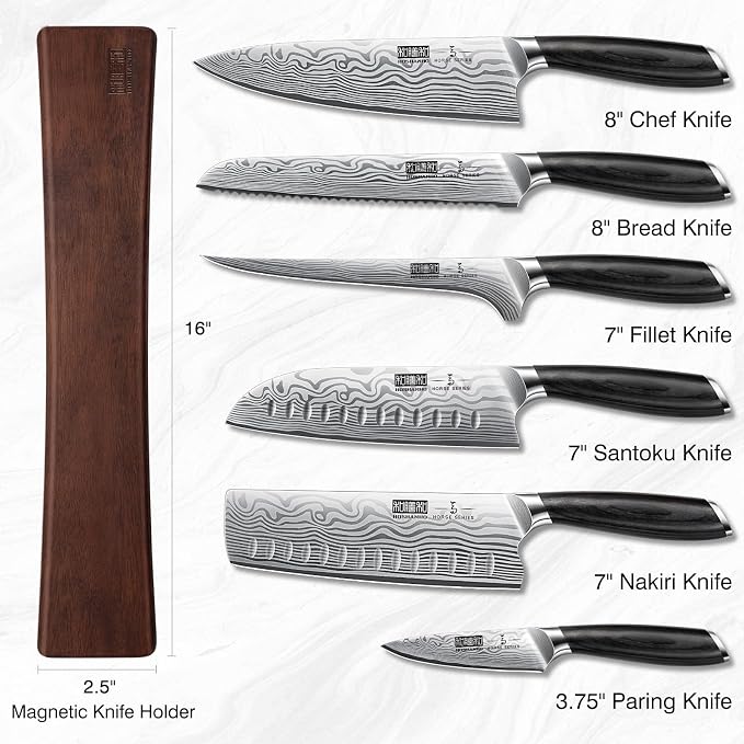 HOSHANHO 7-Pc Knife Set with Magnetic Knife Holder, Japanese Chef Knife Set | Ultra Sharp High Carbon Powder Steel Kitchen Knives Set, Professional Chef's Knives with Ergonomic Pakkawood Handle